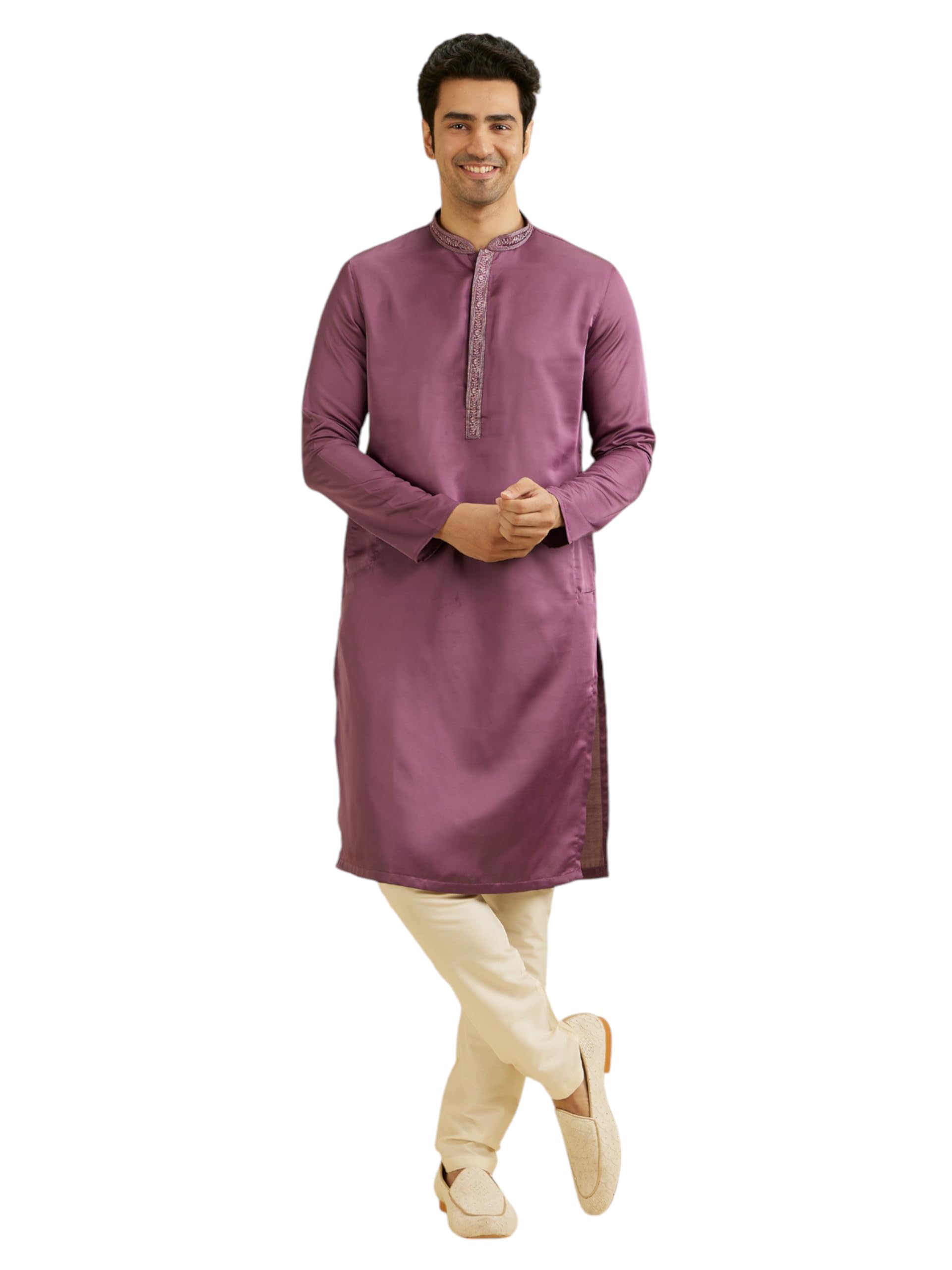 Manyavar MenS Satin Self Design Kurta Set (Purple,Xl)