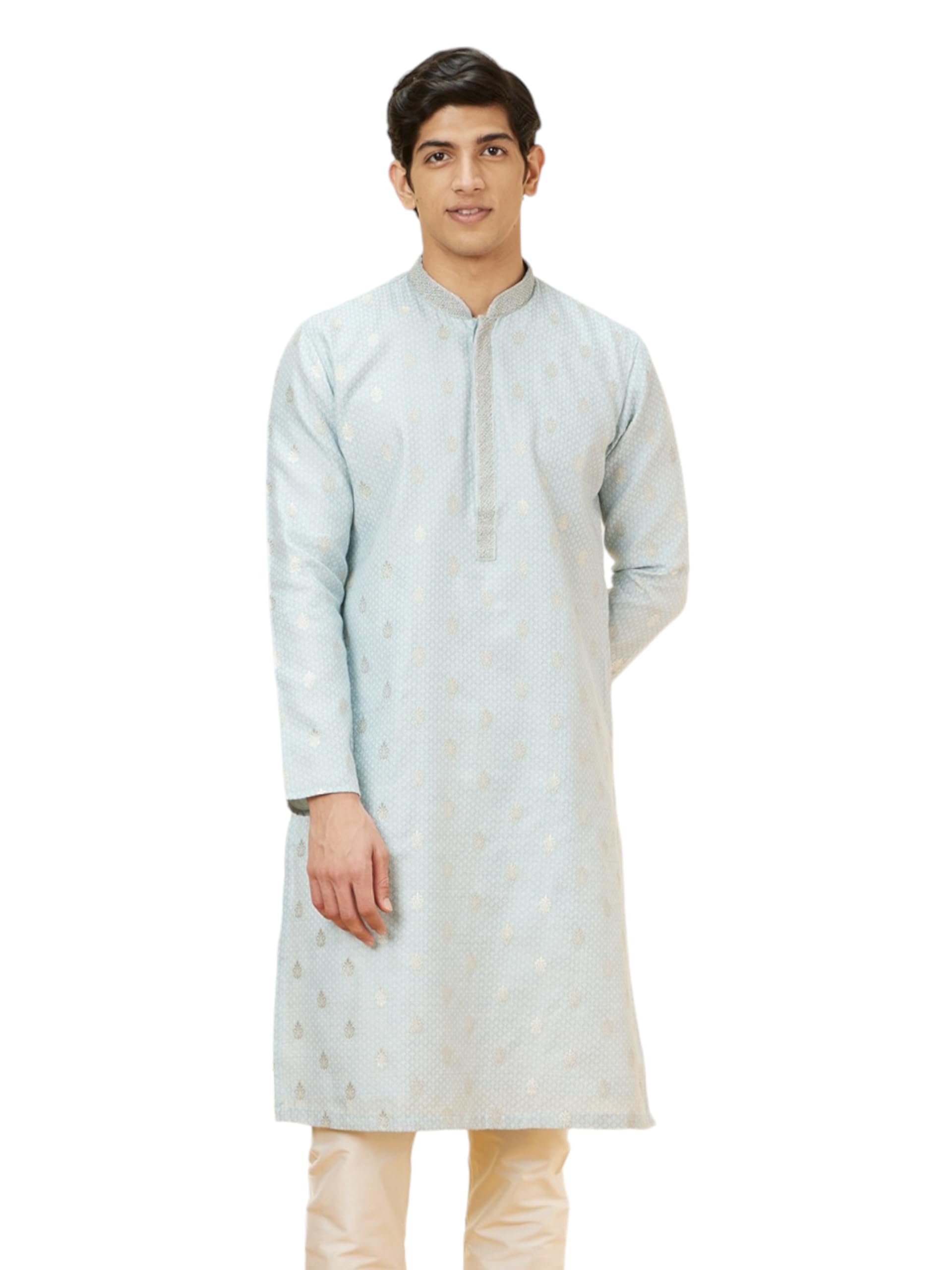 Manyavar Mens Blue Blended Cotton Jacquard Kurta Pyjama Set