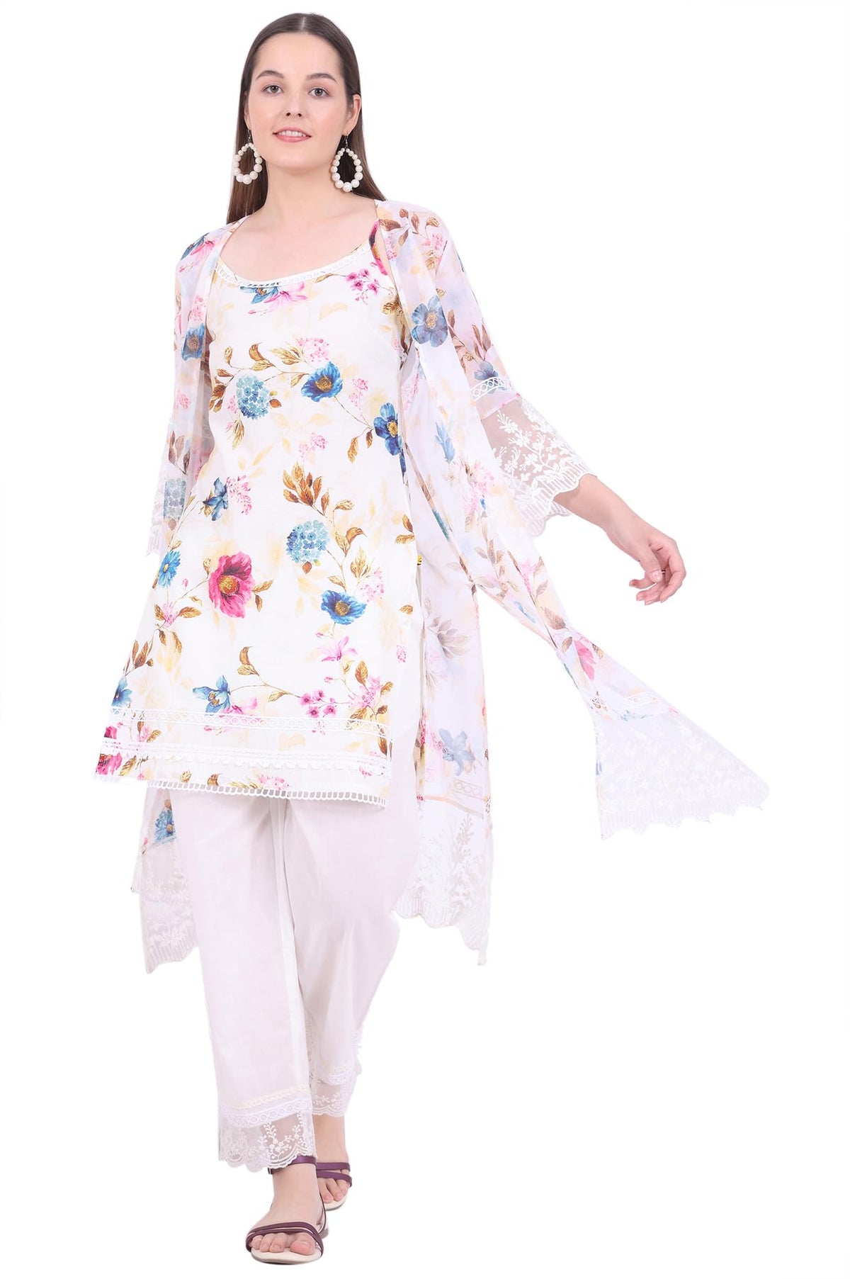 Aurelia Womens White Printed Gillet Straight Kurta with Palazzo & Dupatta Set (Size: XL)-AS15650-508777
