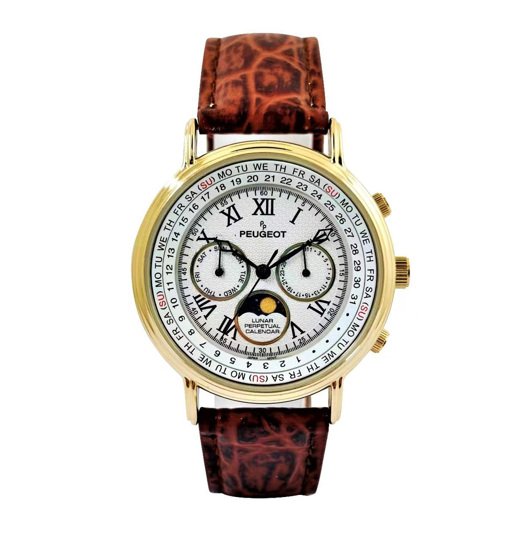 Peugeot Vintage Multi-Function Watch, Perpetual Calendar with Moon Phase, Brown Leather Band