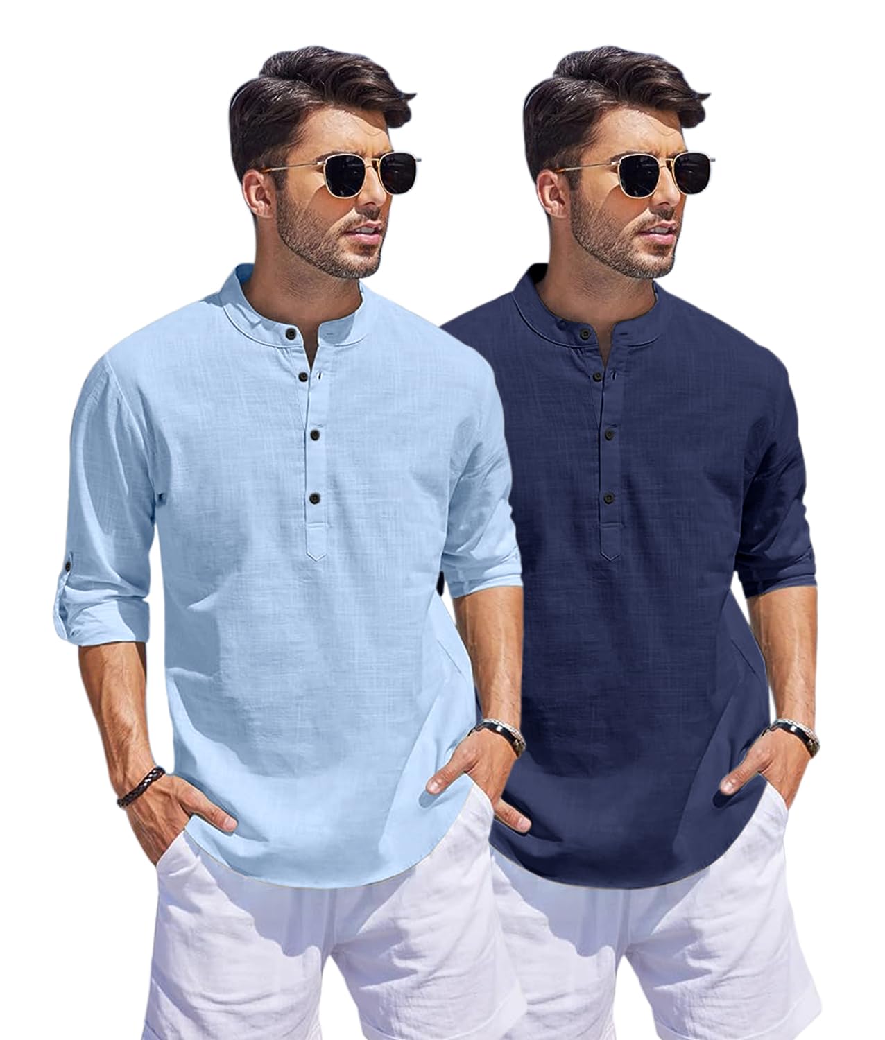 Hemrin Combo Of Men Solid Cotton Blend Straight Kurta Shirt Pack Of 2