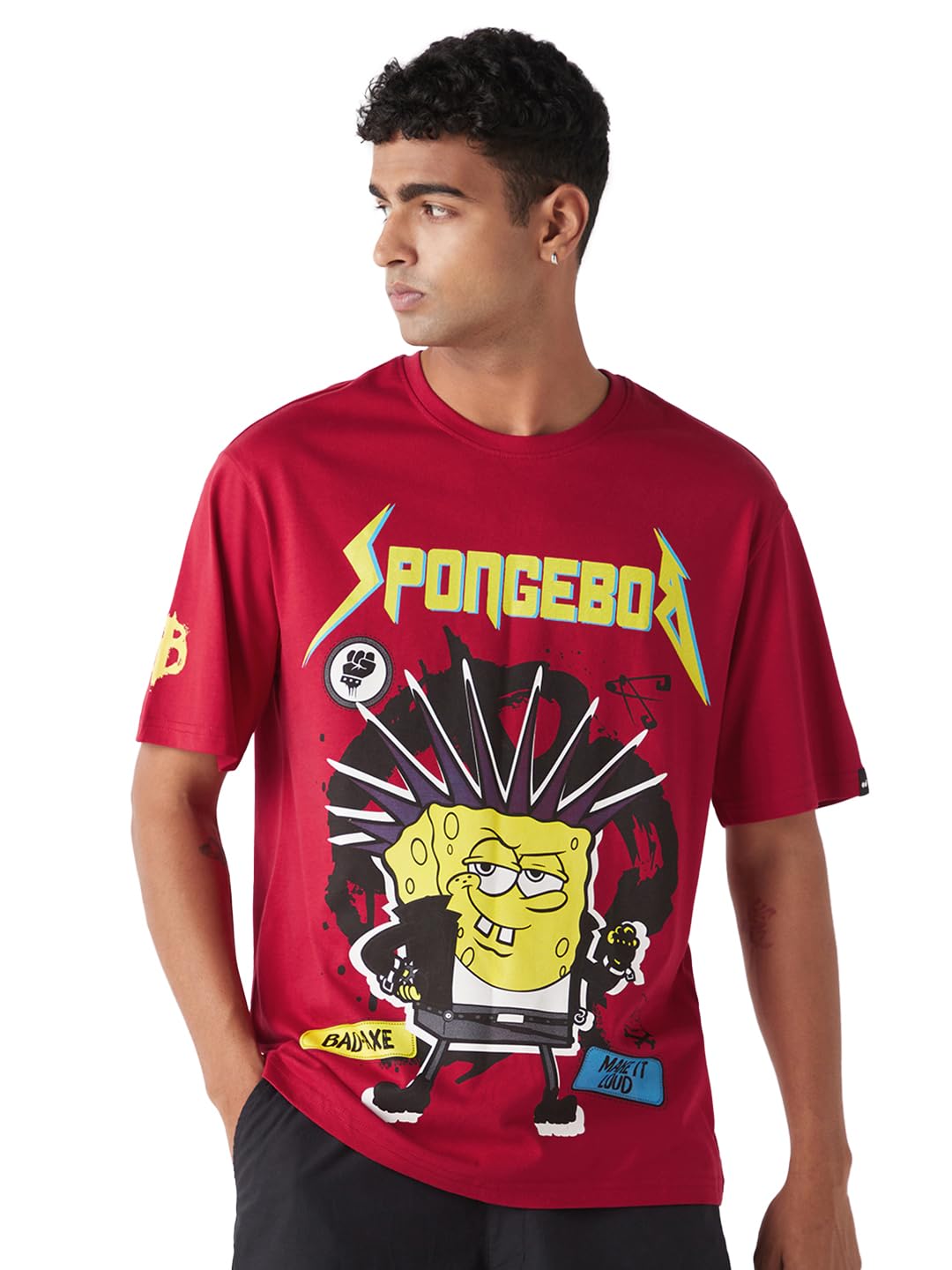 Bewakoof Official Spongebob Merchandise MenS Graphic Print Oversized Fit Half Sleeve Round Neck Cotton T-Shirt_652642_Red_S