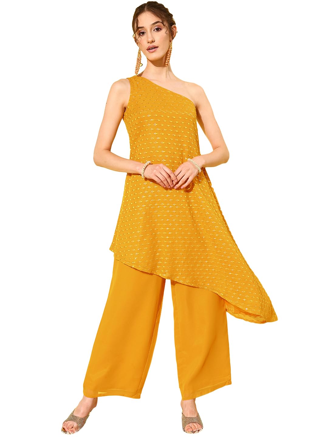 Libas Women Poly Georgette Printed Co-Ord Set (34442_Mustard, Large