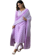 ANNI DESIGNER Women's Cotton Blend Straight Printed Kurta with Pant & Dupatta (Baiyaan Purple_L_Purple_Large)