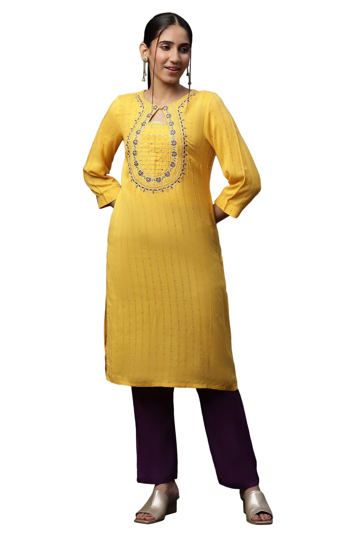 Aurelia Womens Viscose Regular Kurta (23AUA14541-704652_Yellow