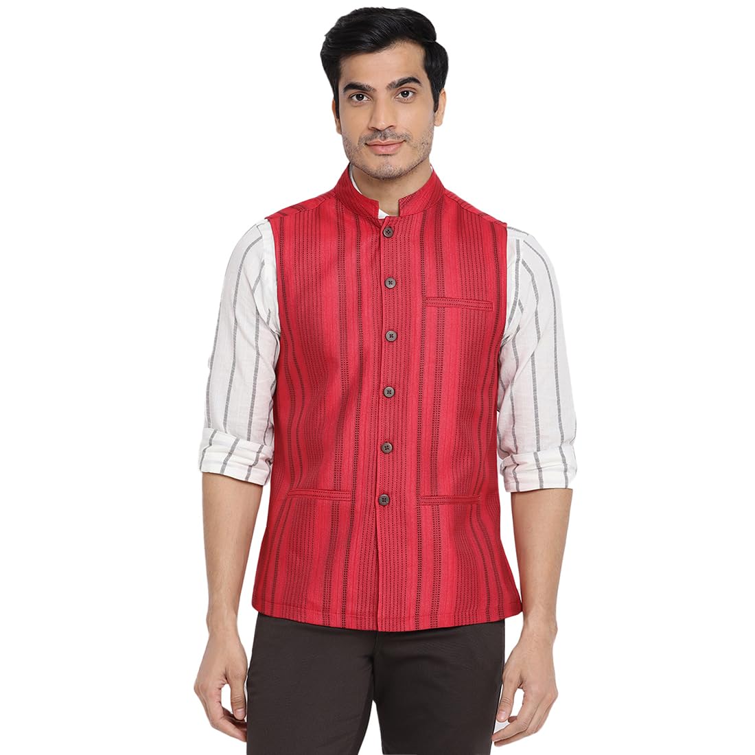 Fabindia Men Viscose Blend Dobby Nehru Jacket Red_XS