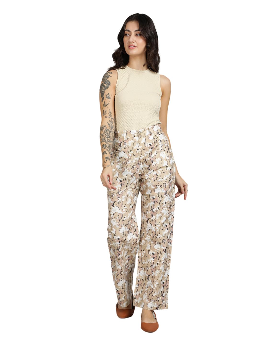 Kotty WomenS Straight Fit High-Rise Cotton Blend Printed Trousers(Multicolor,32)