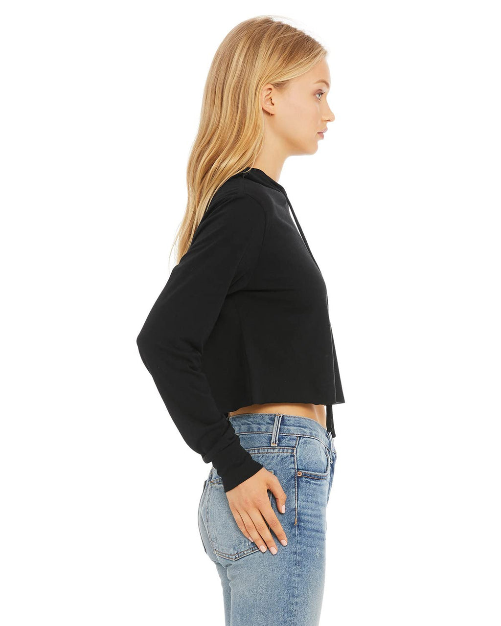 Ladies cropped Long Sleeve Hoodie T-Shirt - SOLID BLK TRBLND - S(D0102H7WEWJ)