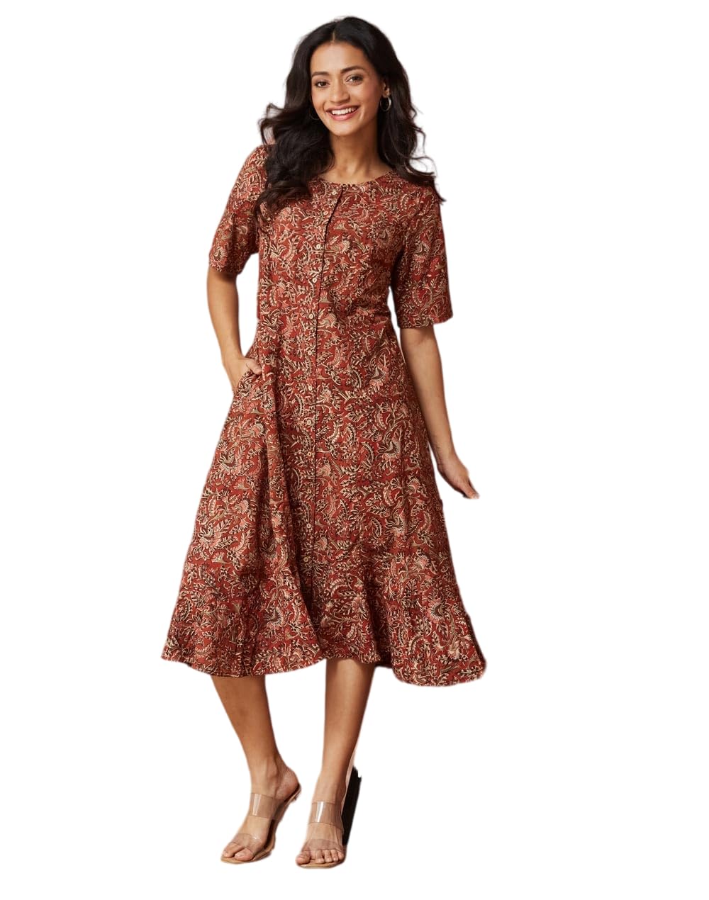 Fabindia Orange Cotton Kalamkari Printed Midi Dress