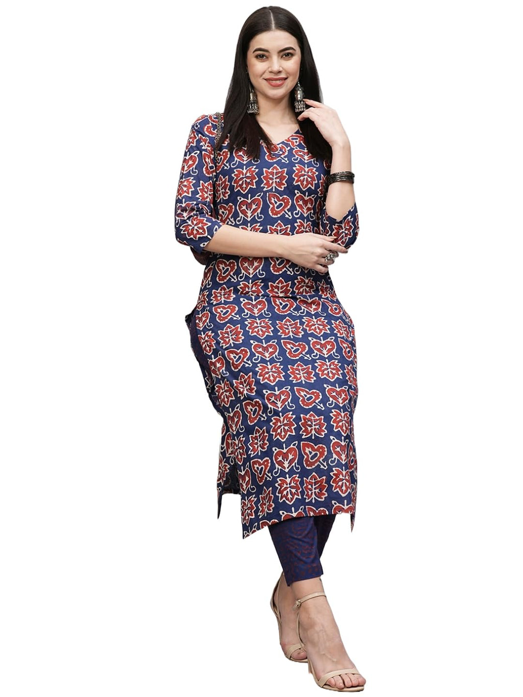 ANNI DESIGNER Womens Cotton Blend Straight Printed Kurta & Pant (Kismis Blue_L_Blue_Large)