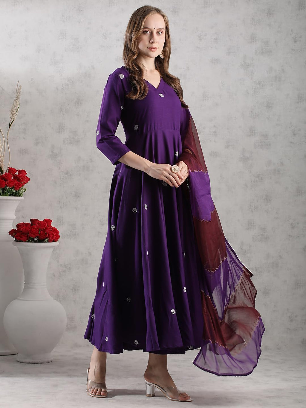 ANNI DESIGNER Anarkali Women s Embroidered Rayon Blend Kurta with Trousers and Dupatta, purple, Large