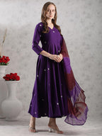 ANNI DESIGNER Anarkali Women s Embroidered Rayon Blend Kurta with Trousers and Dupatta, purple, Large