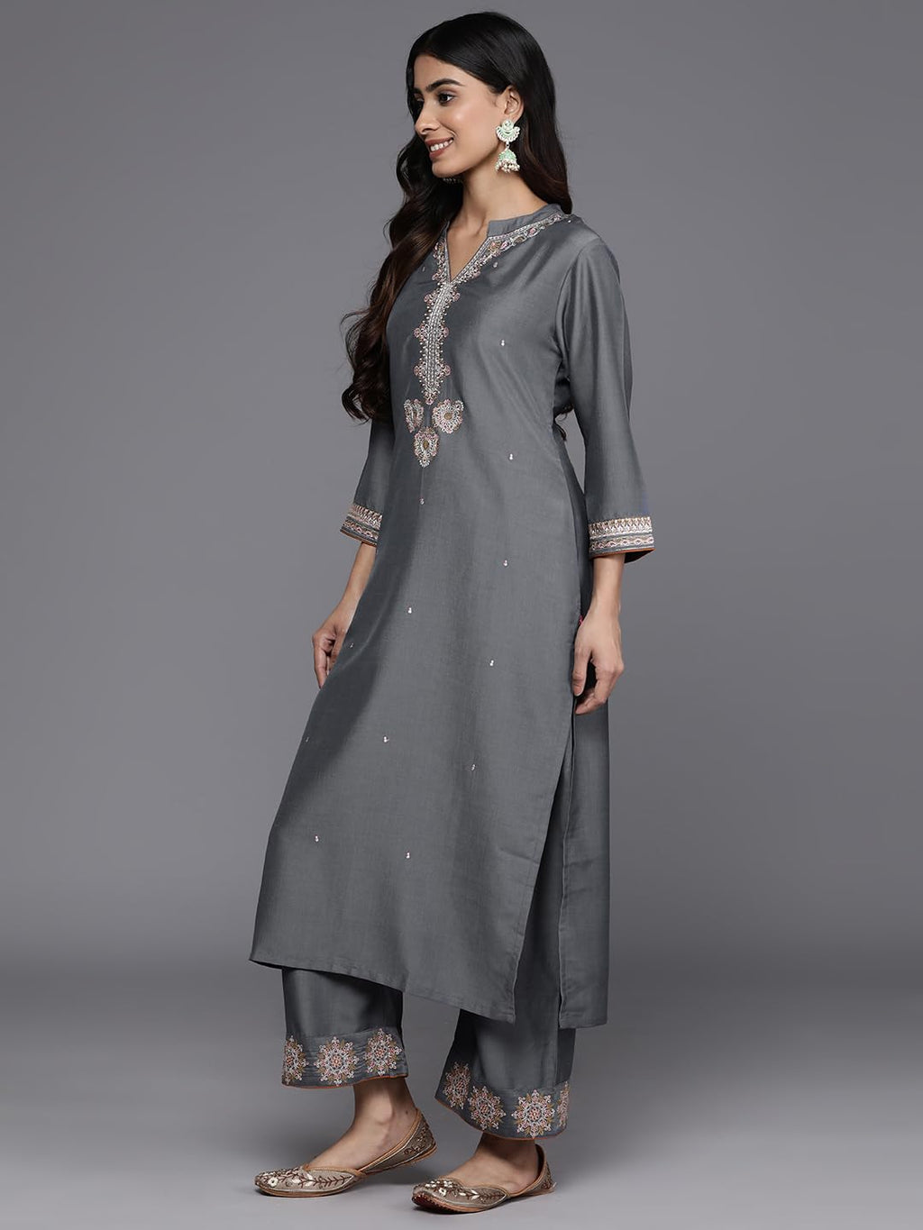 Varanga Women Grey Embroidered Round Neck Straight Kurta With Three Quarter Sleeves Paired With Bottom And Tonal Dupatta.