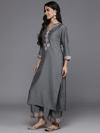 Varanga Women Grey Embroidered Round Neck Straight Kurta With Three Quarter Sleeves Paired With Bottom And Tonal Dupatta.