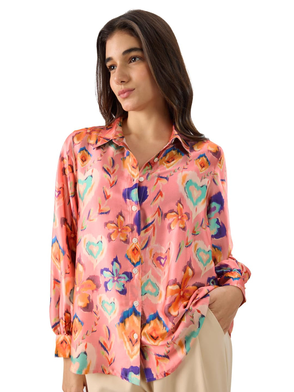 The Souled Store Floral Ink Women and Girls Stylish Comfortable Regular Fit Long Sleeve Collared Neck Button Down Pink All Over 