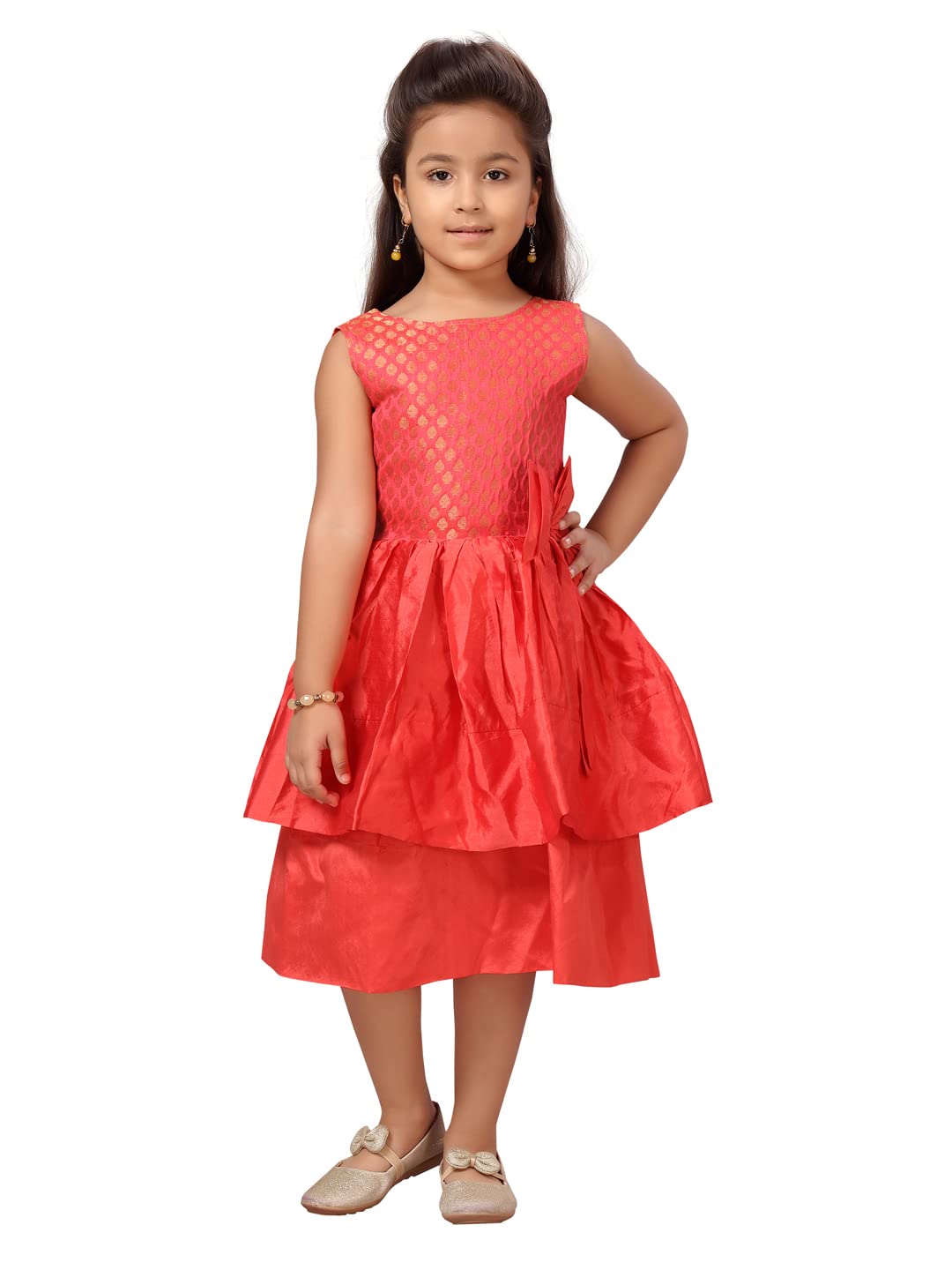 Aarika Girls Silk Skater Knee-Length Dress (MD-22143_Gajri_22)