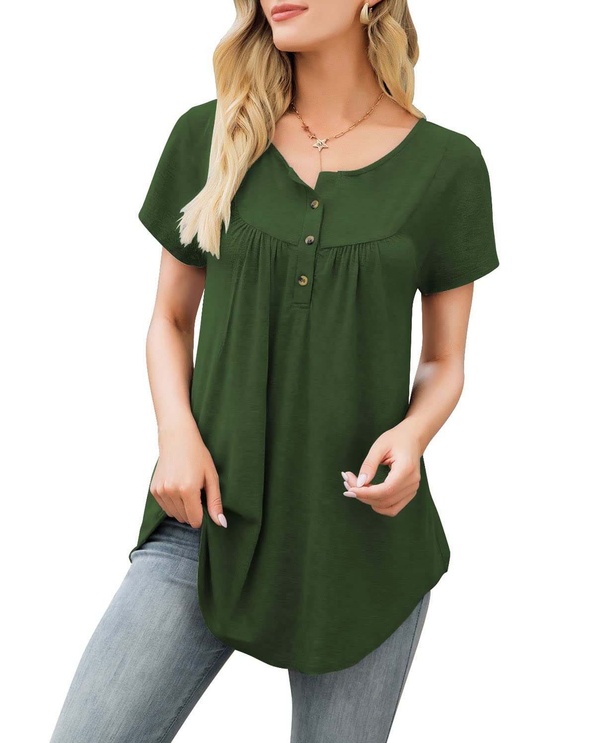 AMCLOS Womens Tops Floral V Neck T-Shirts Swing Blouses Button up Tunic Casual Flowy Summer Soft Short Sleeve(M, Army Green)