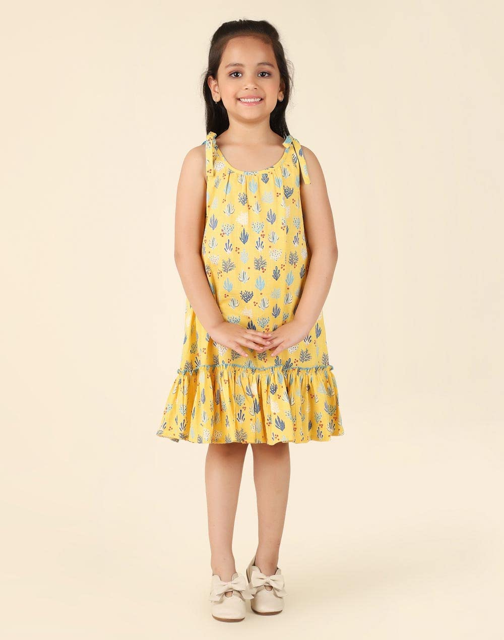 Fabindia Girls Cotton A-Line Knee-Length Casual Dress (1030947YELLOW_Yellow