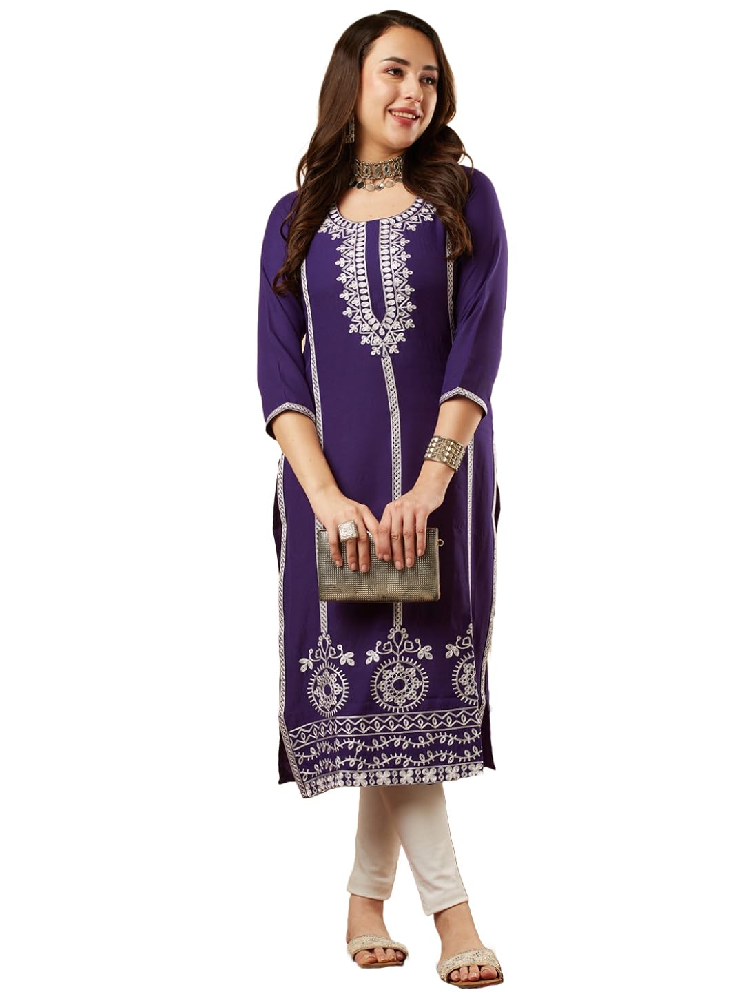 ANNI DESIGNER Womens Cotton Blend Chikankari Embroidered Straight Kurta (Chndru Violet_XL_Violet_X-Large)