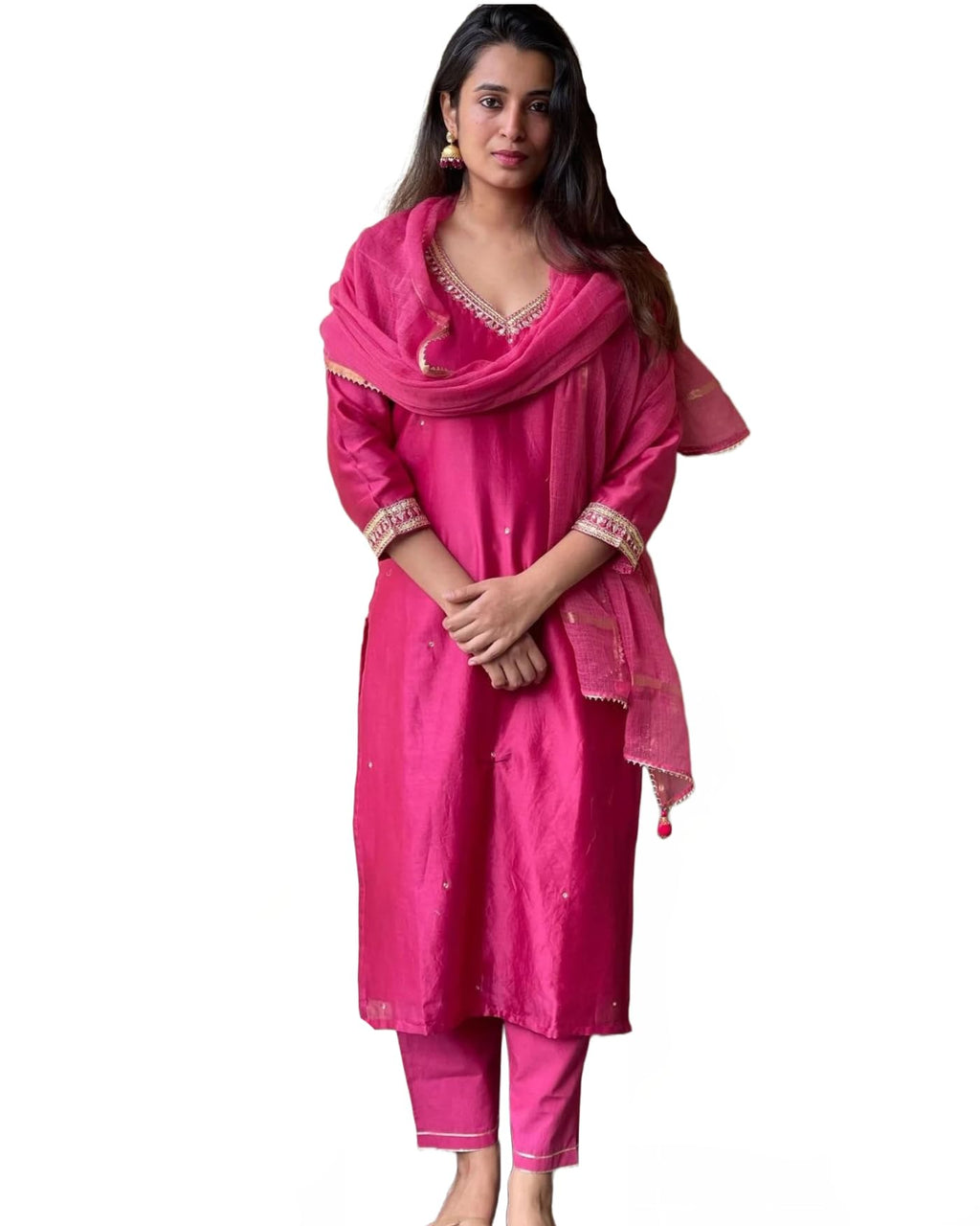 ANNI DESIGNER Womens Cotton Blend Straight Embroidered Kurta with Pant & Dupatta (BAGICHA-Rani_XXL_Pink_XX-Large)
