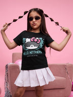 The Souled Store Hello Kitty: Kittyverse Young Girls Short Sleeves Round Neck Black Graphic Printed Regular Fit Cotton T-Shirts