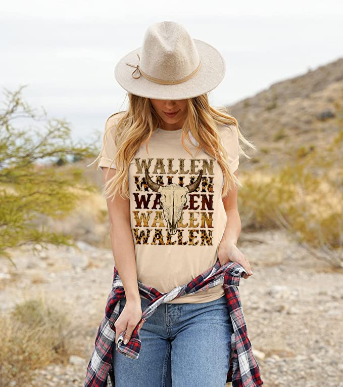 Wallen Shirt Women Funny Leopard Steer Skull Graphic Tee Top Country Music Shirt Western Short Sleeve Letter Print Shirt (Meduim