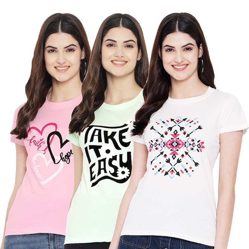 Preneum Womens Cotton Regular Fit Latest Graphic Stylish Printed Short Sleeves Casual T-Shirt || Latest Trending Style (Pack 3)
