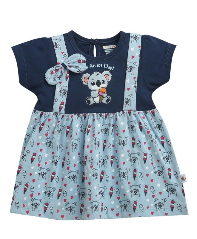 BUMZEE Baby Girls Cotton Round Neck Half Sleeves Animal Print Above Knee Length Frock/Dress Sky Blue & Navy - 3-6 Months (Peb111