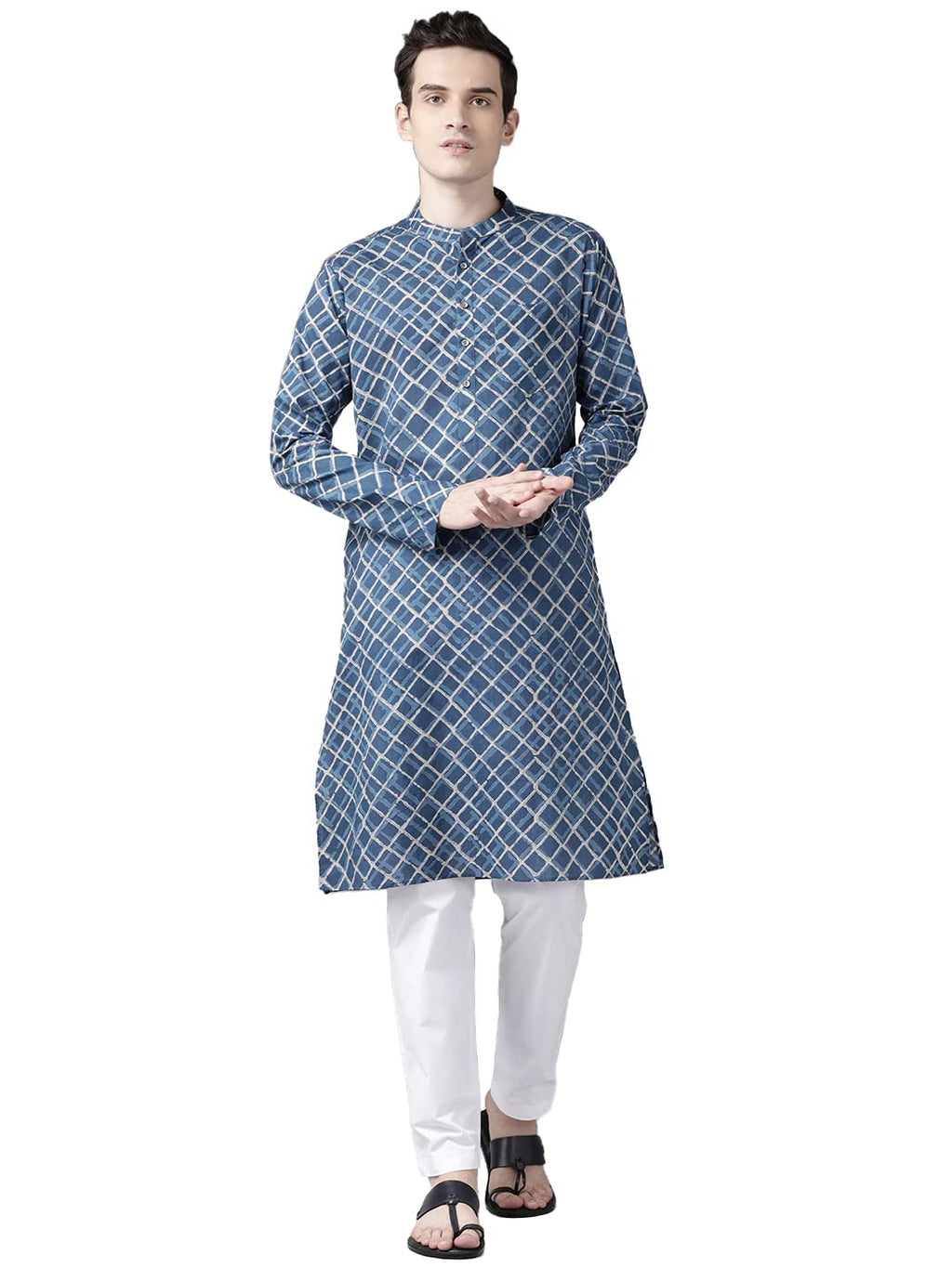 See Designs Blue & White Cotton Regular Fit Mandarin Collar Printed Kurta Set Two Pockets_Sdkt98301Xl