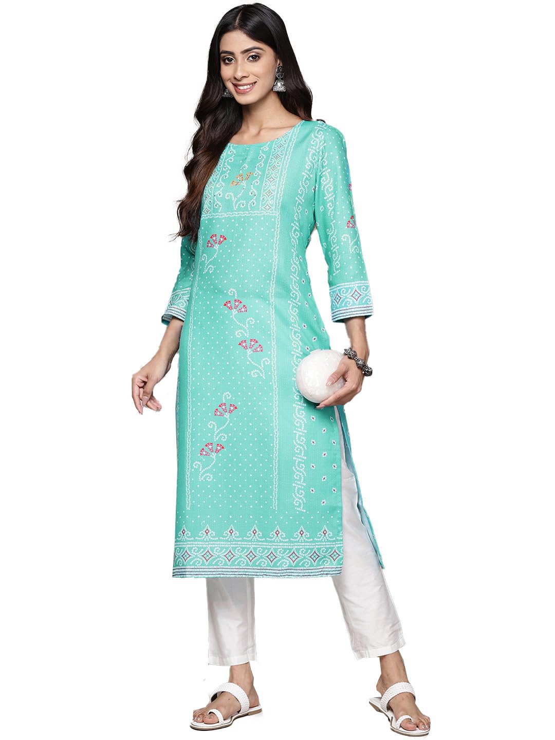 Ishin Women'S Silk Ethnic Motifs Turquoise Straight Kurta