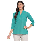 Fabindia Women Cotton Blend Straight Slim Fit Short Kurta Teal_S