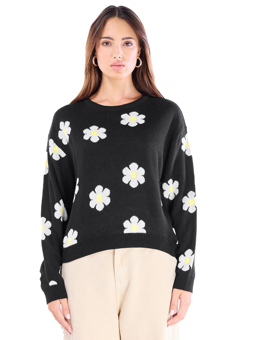 Bewakoof Womens All Over Printed Oversized Fit Full Sleeve Round Neck 100% Acrylic Sweater_641019_Black_2XL
