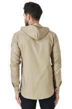 Besix MenS Cream Tailored Fit Cotton Blend Shirt For Man With Hoodie - Casual Long Sleeve Shirt With Pockets - Patch Detail For