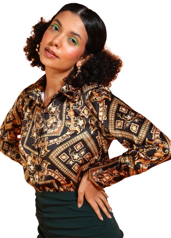 POPWINGS Printed Full-Sleeves Regular-Fit Satin Printed Shirt for Women Stylish Western Casual Wear