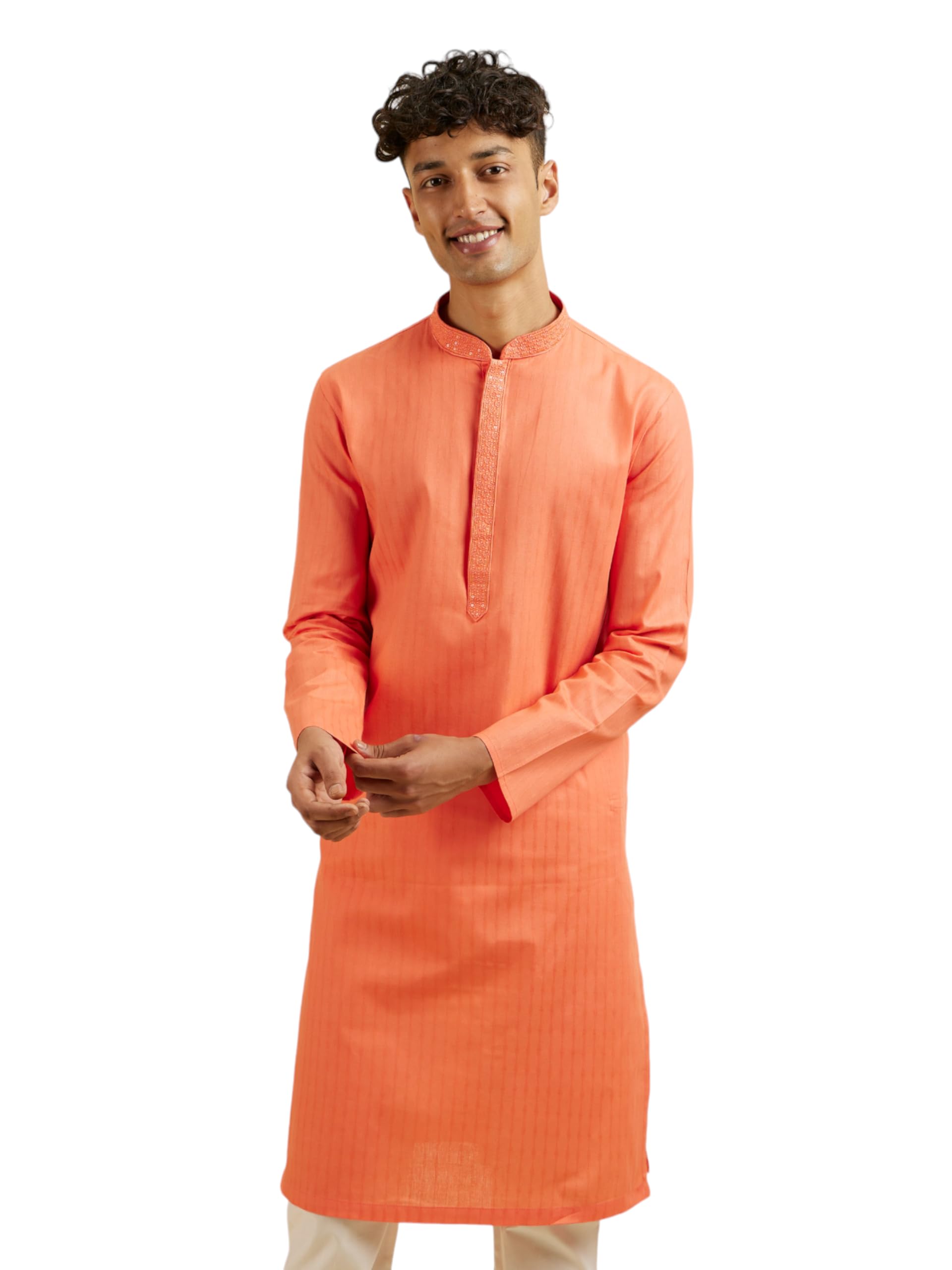 Manyavar MenS Cotton Embroidered Self Design Kurta Pyjama Set (Peach,Xxl)