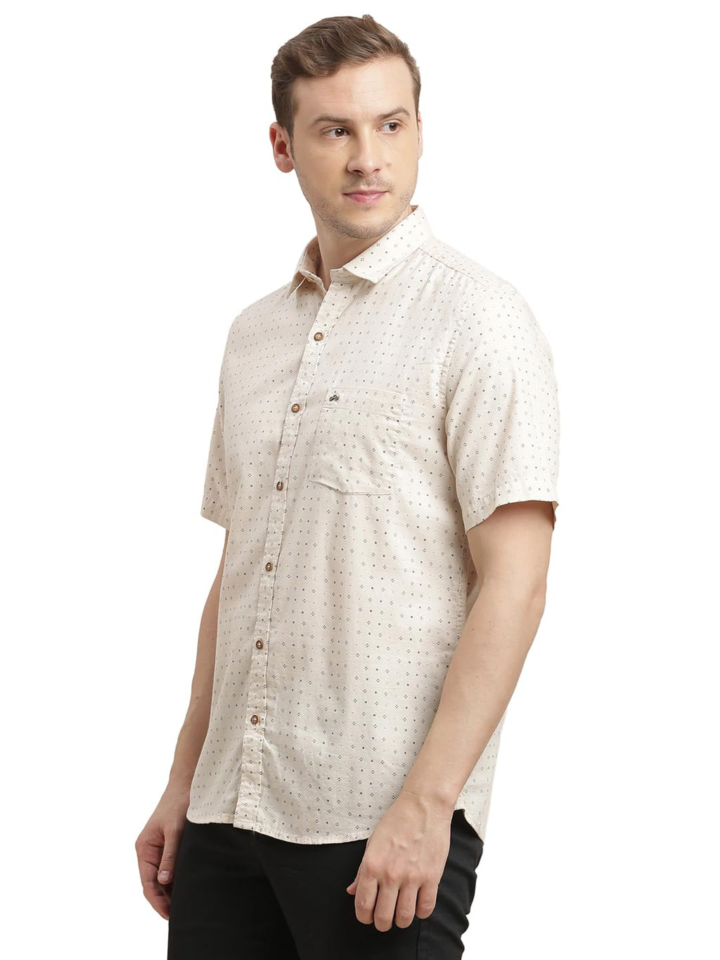Turtle Men 100% Cotton Slim Fit Beige Printed Half Sleeve Casual Shirt