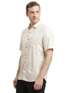 Turtle Men 100% Cotton Slim Fit Beige Printed Half Sleeve Casual Shirt