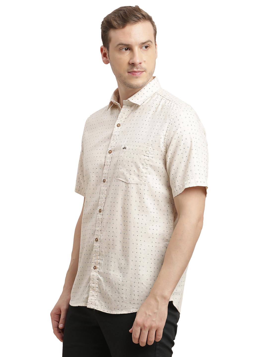 Turtle Men 100% Cotton Slim Fit Beige Printed Half Sleeve Casual Shirt