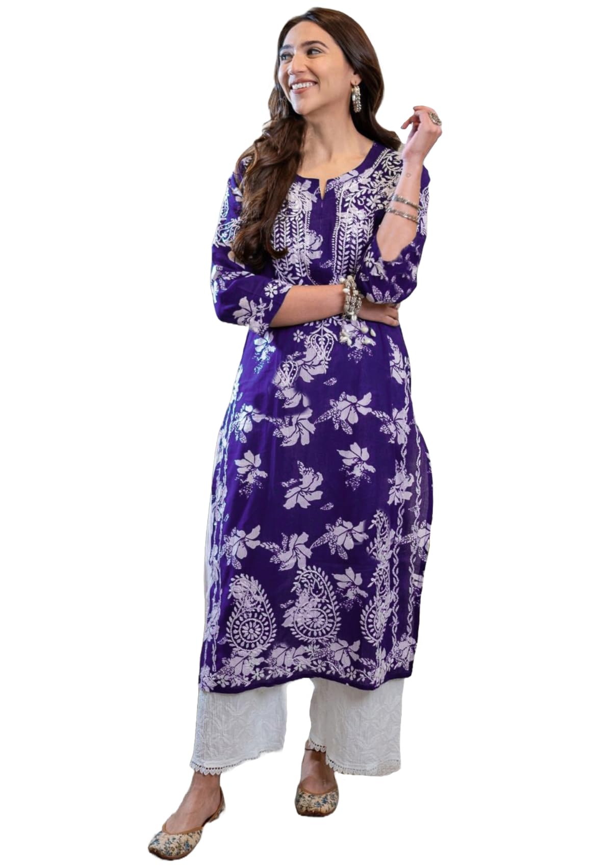 ANNI DESIGNER Womens Rayon Blend Chikankari Embroidered Straight Kurta (SCEROS Violet_L_Violet_Large)