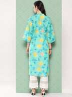 Varanga Women Turqouise Blue Floral Printed Straight Kurta Withthree Quarter Bell Sleeves