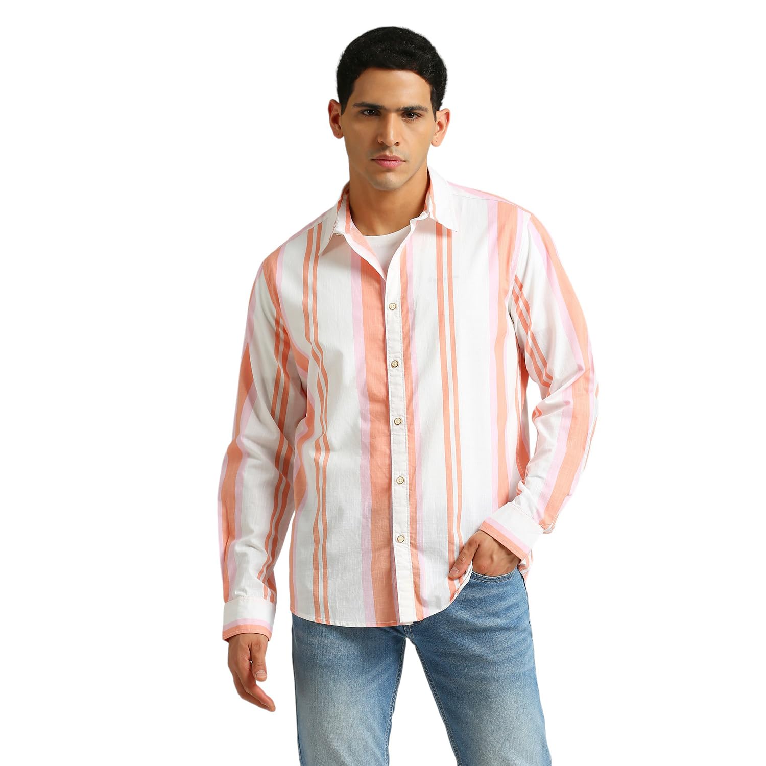 Pepe Jeans MenS Striped Regular Fit Shirt (Pm308743_Peach Orange