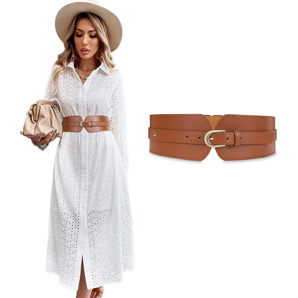 Suosdey Womens Wide Elastic Waist Belt For Dress Ladies Stretch Cinch Belt For Women, 02Brown, Suitable For Waist Size 3237 32-37