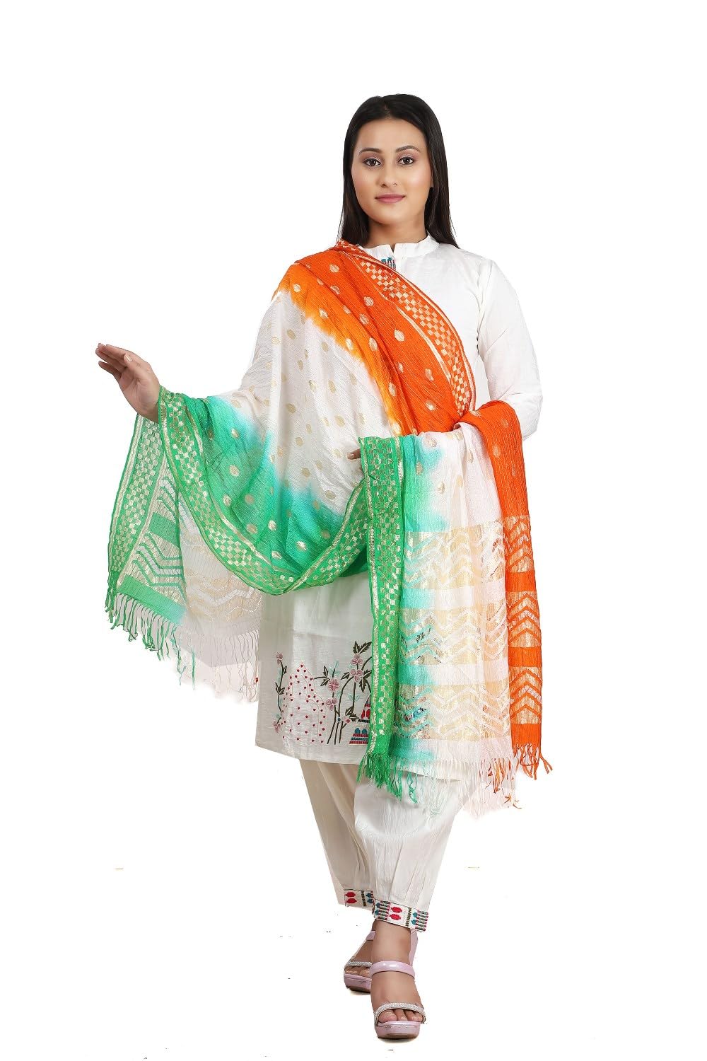 Fabme Women'S Silk Tricolor/Tiranga Dupatta With Golden Work For Republic Day/Independence Day, Free Size