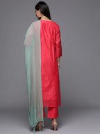 Varanga Pink Embroidered Kurta Paired With Straight Tonal Bottom And Contrast Dupatta