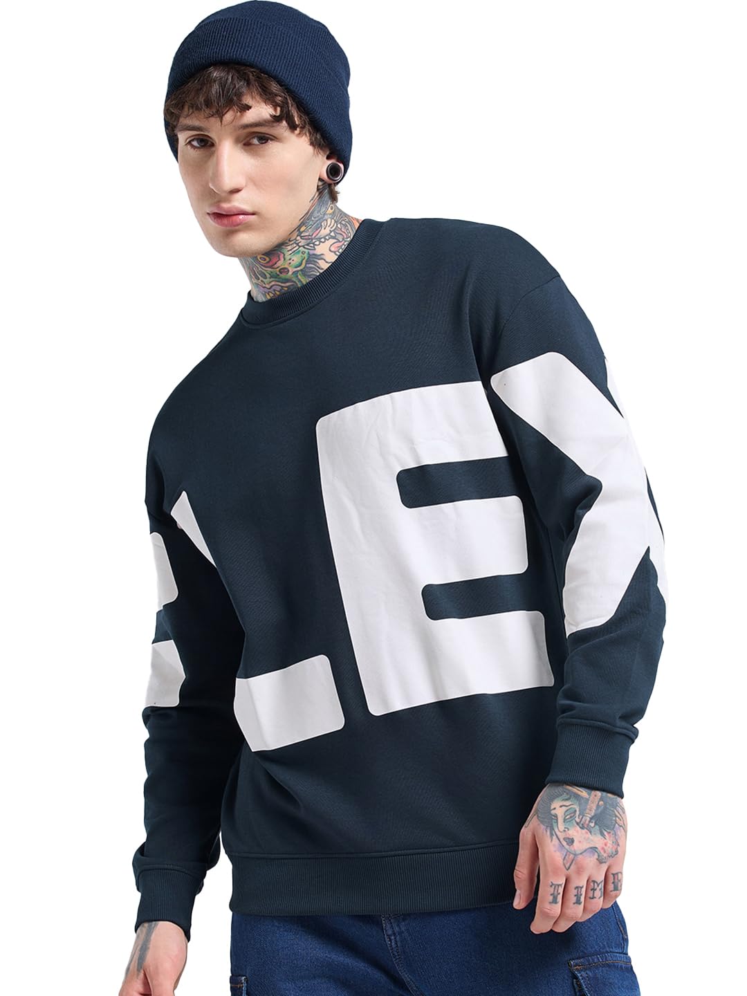 Bewakoof Mens Typography Oversized Fit Full Sleeve Round Neck Cotton Sweatshirt_684264_Blue_S