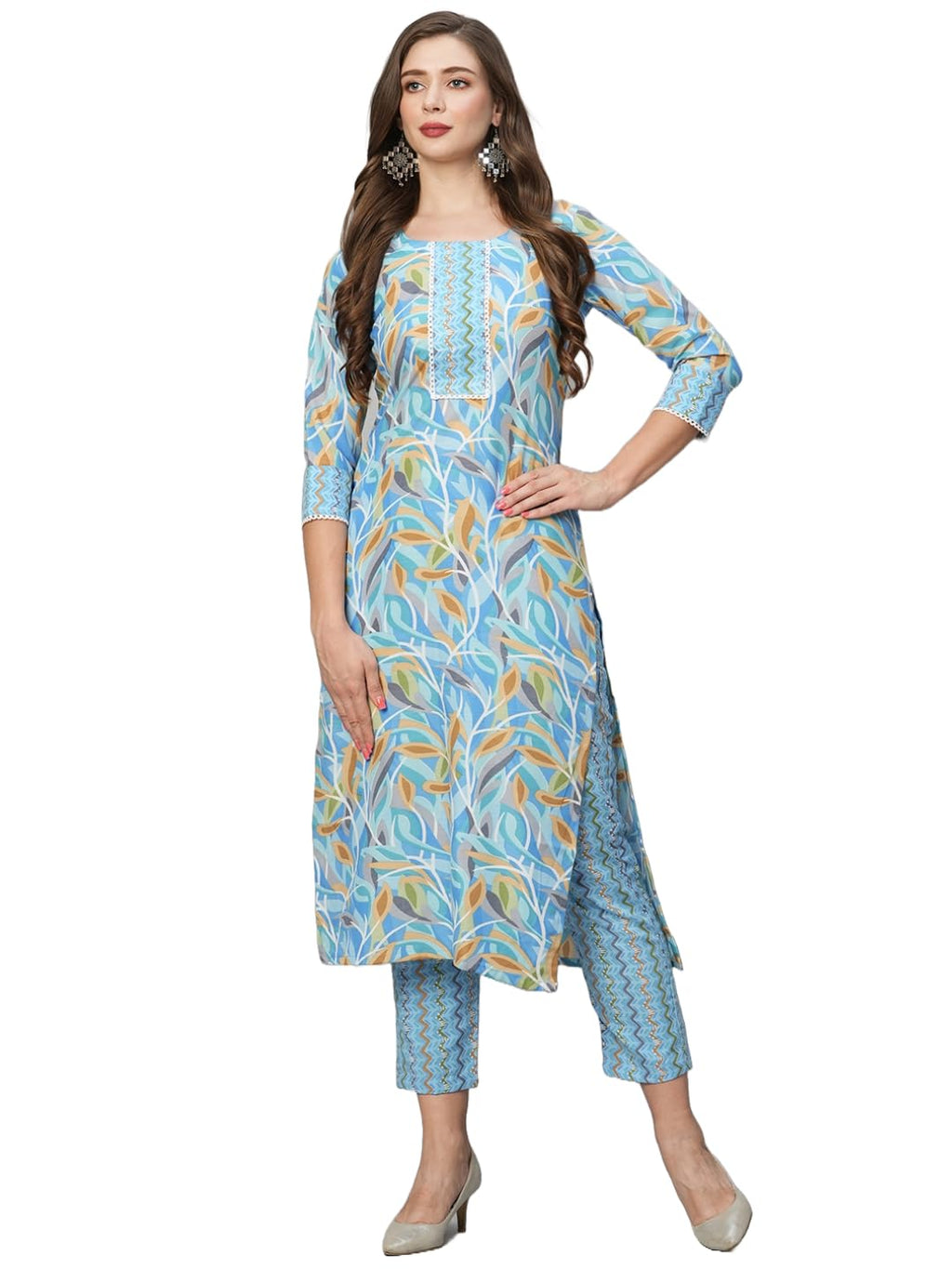 ANNI DESIGNER Womens Cotton Blend Straight Printed Kurta with Pant Set (Pahal Blue_XL_Blue_X-Large)