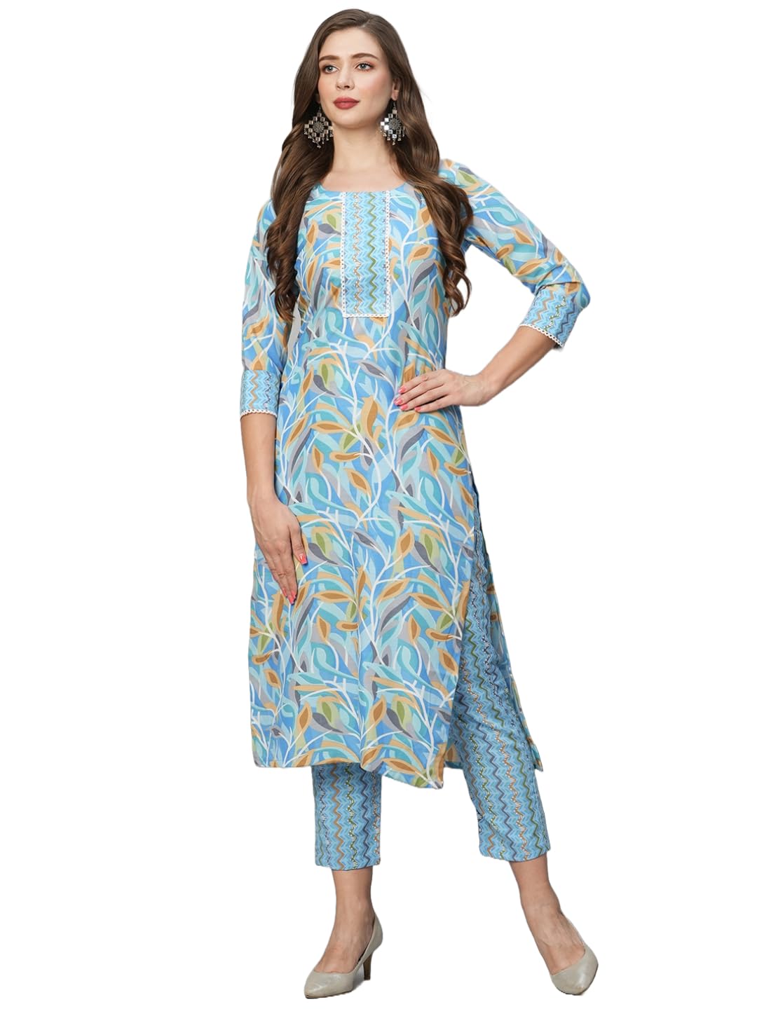ANNI DESIGNER Womens Cotton Blend Straight Printed Kurta with Pant Set (Pahal Blue_XL_Blue_X-Large)