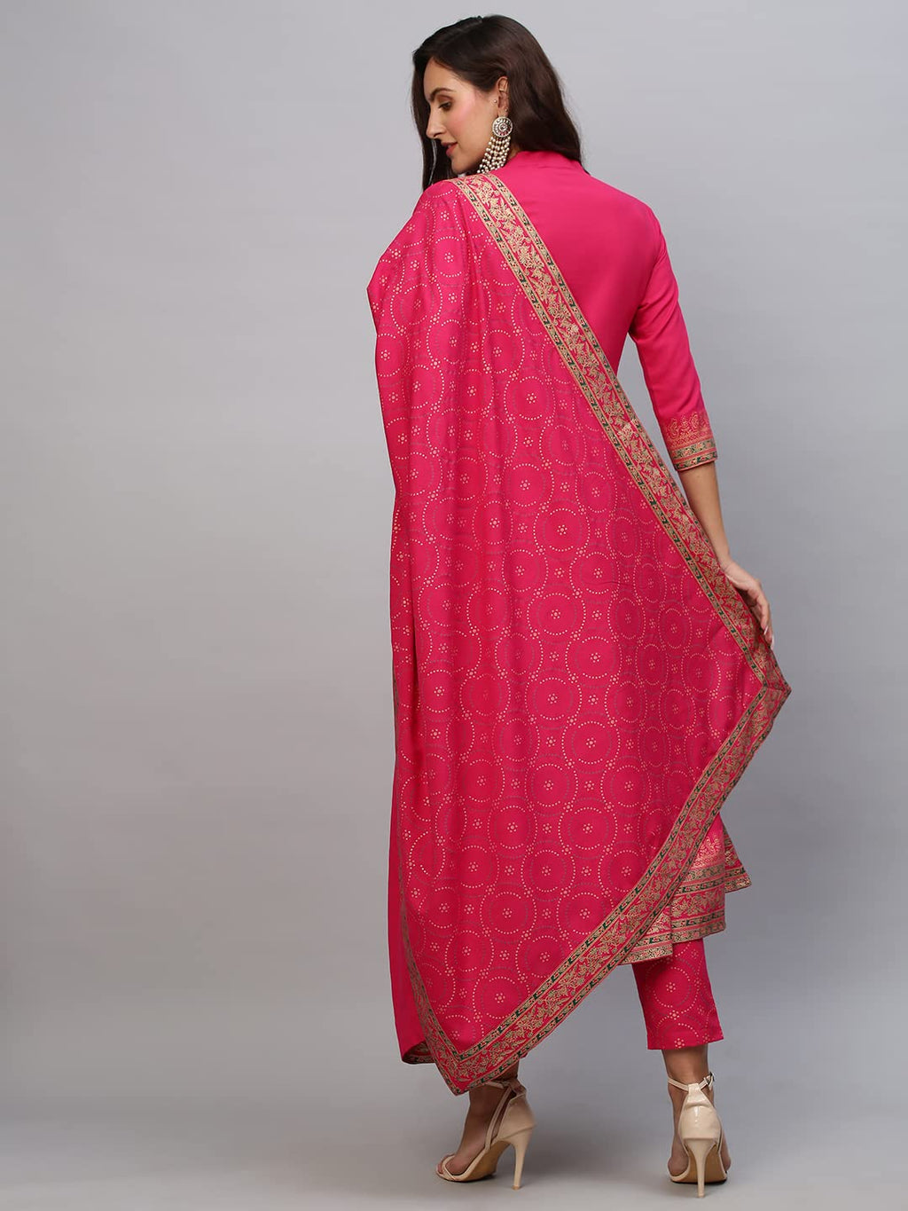 ANNI DESIGNER Womens Cotton Blend Solid Anarkali Kurta with Pant & Dupatta (Panchali-Rani_M_Pink_Medium)