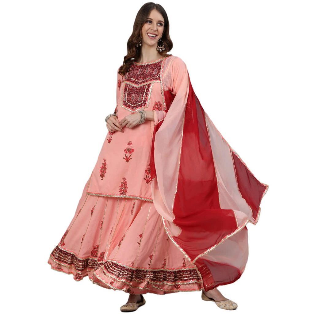 Ishin Women'S Pure Cotton A-Line Embroidered Gotta Patti Floral Print Peach Kurta Suit Set With Sharara Kpldpnk-15045_M_Peach
