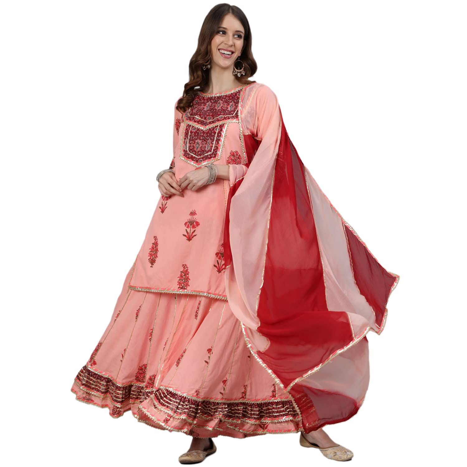 Ishin Women'S Pure Cotton A-Line Embroidered Gotta Patti Floral Print Peach Kurta Suit Set With Sharara Kpldpnk-15045_M_Peach